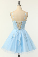 Lindo brillo Blue Blue Homecoming Vestidos A Line Sequins Vestidos de baile cortos con apliques