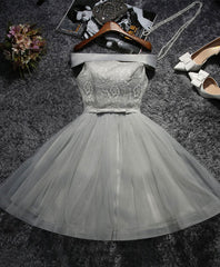 Cute Gray Lace Tulle Short Prom Dresses, Gray Homecoming Dresses