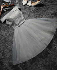 Cute Gray Lace Tulle Short Prom Dresses, Gray Homecoming Dresses