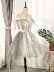 Cute Gray Tulle Lace Short Prom Dresses, Gray Tulle Puffy Homecoming Dresses