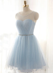 Cute Light Blue Homecoming Dresses With Belt, Lovely Short Prom Dresses