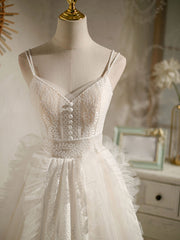 Cute Light Champagne Lace Tulle Short Prom Dresses, Puffy Homecoming Dresses