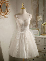 Cute Light Champagne Lace Tulle Short Prom Dresses, Puffy Homecoming Dresses