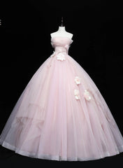 Cute Pink Ball Gown Tulle with Flowers Sweet 16 Dresses, Pink Tulle Party Dresses