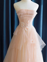 Cute Pink  Strapless Tulle Long Formal Dresses with Flowers, Pink Tulle Prom Dresses