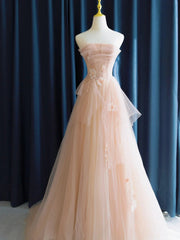 Cute Pink  Strapless Tulle Long Formal Dresses with Flowers, Pink Tulle Prom Dresses