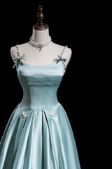 Cute Satin Long A-Line Prom Dresses, Ice Blue Spaghetti Straps Evening Dresses