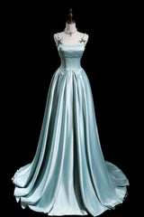 Cute Satin Long A-Line Prom Dresses, Ice Blue Spaghetti Straps Evening Dresses