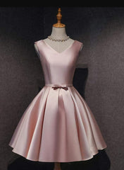 Cute Short Satin Pink V-neckline Knee Length Party Dresses, Pink Prom Dresses Homecoming Dresses