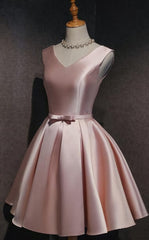 Cute Short Satin Pink V-neckline Knee Length Party Dresses, Pink Prom Dresses Homecoming Dresses