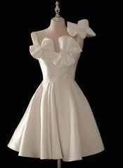 Cute Short White Satin Knee Length Party Dresses with Bow, White Graduation Dresses