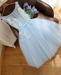 Cute Sky Blue Lace Tulle Short Prom Dresses, Homecoming Dresses