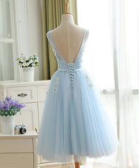 Cute Sky Blue Lace Tulle Short Prom Dresses, Homecoming Dresses