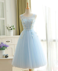 Cute Sky Blue Lace Tulle Short Prom Dresses, Homecoming Dresses