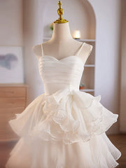 Cute Sweetheart Neck Organza White Prom Dresses, White Homecoming Dresses