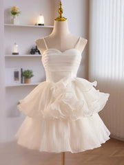 Cute Sweetheart Neck Organza White Prom Dresses, White Homecoming Dresses