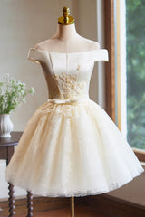 Cute Tulle Lace Knee Length Prom Dresses, Champagne Off the Shoulder Evening Party Dresses