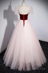 Cute Tulle Long Prom Dress with Velvet, A-Line Short Sleeve Evening Dress