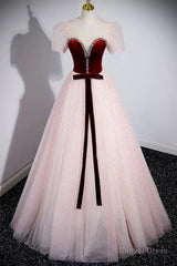 Cute Tulle Long Prom Dress with Velvet, A-Line Short Sleeve Evening Dress