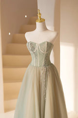 Cute Tulle Tea Length Prom Dresses, Green A-Line Strapless Evening Party Dresses