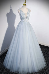 Cute V-Neck Tulle Long Prom Dresses, Gray Evening Dresses Party Dresses