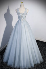 Cute V-Neck Tulle Long Prom Dresses, Gray Evening Dresses Party Dresses