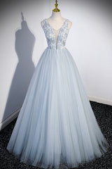 Cute V-Neck Tulle Long Prom Dresses, Gray Evening Dresses Party Dresses