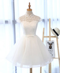 Cute White Lace Short Prom Dresses, White Homecoming Dresses