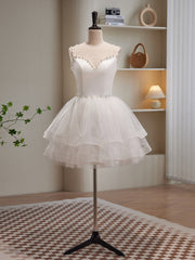 Cute White Short Tulle Beaded Graduation Dresses, White Short Prom Dresses Formal Dresses