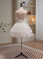 Cute White Short Tulle Beaded Graduation Dresses, White Short Prom Dresses Formal Dresses