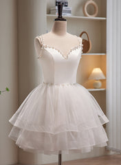 Cute White Short Tulle Beaded Graduation Dresses, White Short Prom Dresses Formal Dresses