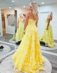 Cute Yellow A-Line Spaghetti Straps Long Prom Dresses With Appliques