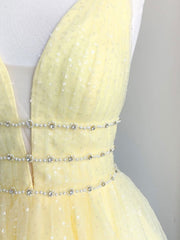 Cute Yellow V Neck Tulle Beads Short Prom Dresses Yellow Homecoming Dresses