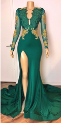 Sexy Long Sleeves Emerald Green Prom Dresses On Sale Open Back Side Slit