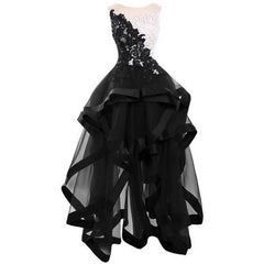 black lace appliques homecoming Dresses elegant round collar sleeveless party Dresses tulle high low homecoming Dresses