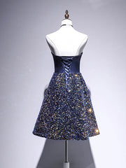 Dark Blue A-Line Sequin Lace Short Prom Dresses, Blue Homecoming Dresses