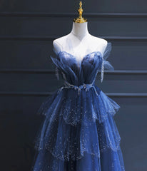 Dark Blue A Line Strapless Beaded Tulle Long Senior Prom Dresses Evening Party Dresses