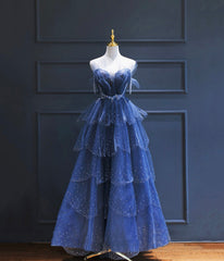 Dark Blue A Line Strapless Beaded Tulle Long Senior Prom Dresses Evening Party Dresses