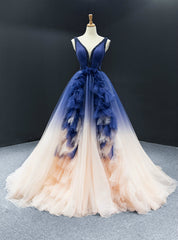 Dark Blue And Champagne Tulle V-neck Backless Beading Prom Dresses