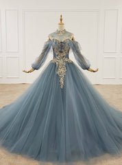 Dark Blue Ball Gown Tulle High Neck Long Sleeve Sequins Wedding Dresses