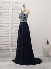 Dark Blue Chiffon Beads Long Prom Dresses, Blue Evening Dresses