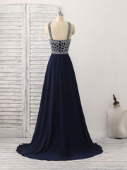 Dark Blue Chiffon Beads Long Prom Dresses, Blue Evening Dresses