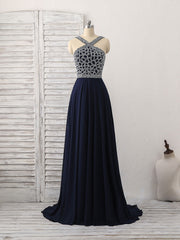 Dark Blue Chiffon Beads Long Prom Dresses, Blue Evening Dresses