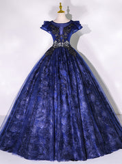 Dark Blue Lace Tulle Appliques Quinceanera Dresses