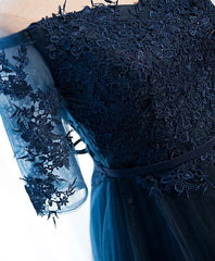 Dark Blue Lace Tulle Long Prom Dresses, Lace Evening Dresses