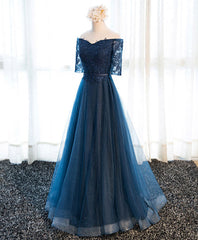 Dark Blue Lace Tulle Long Prom Dresses, Lace Evening Dresses