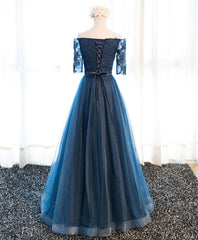 Dark Blue Lace Tulle Long Prom Dresses, Lace Evening Dresses