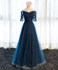 Dark Blue Lace Tulle Long Prom Dresses, Lace Evening Dresses