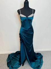 Dark Blue Mermaid Satin Spaghetti Straps Beading Prom Dresses