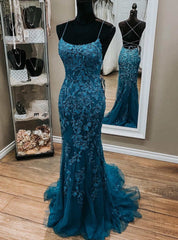 Dark Blue Mermaid Spaghetti Straps Appliques Prom Dresses